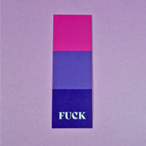 Bookmark with bisexual flag and text that reads 'FUCK'.