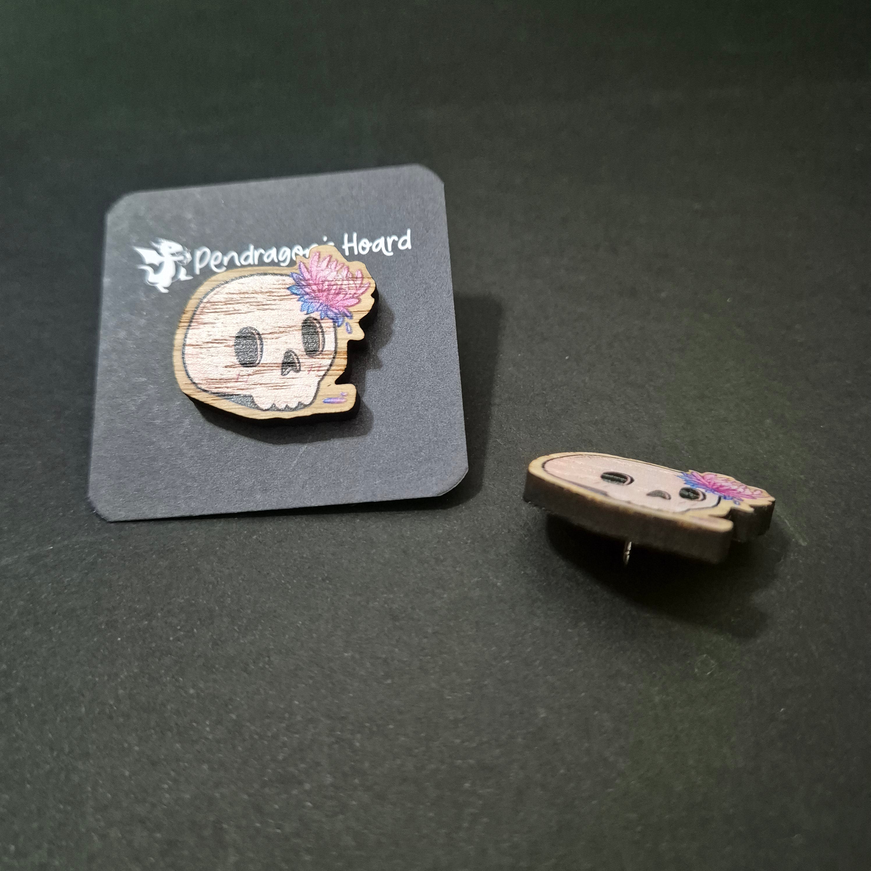 Chrysanthemum Skull Wooden Pin