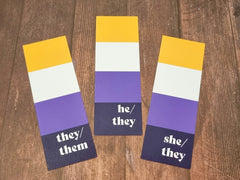 Nonbinary Pride bookmark - they/them, he/they, she/they
