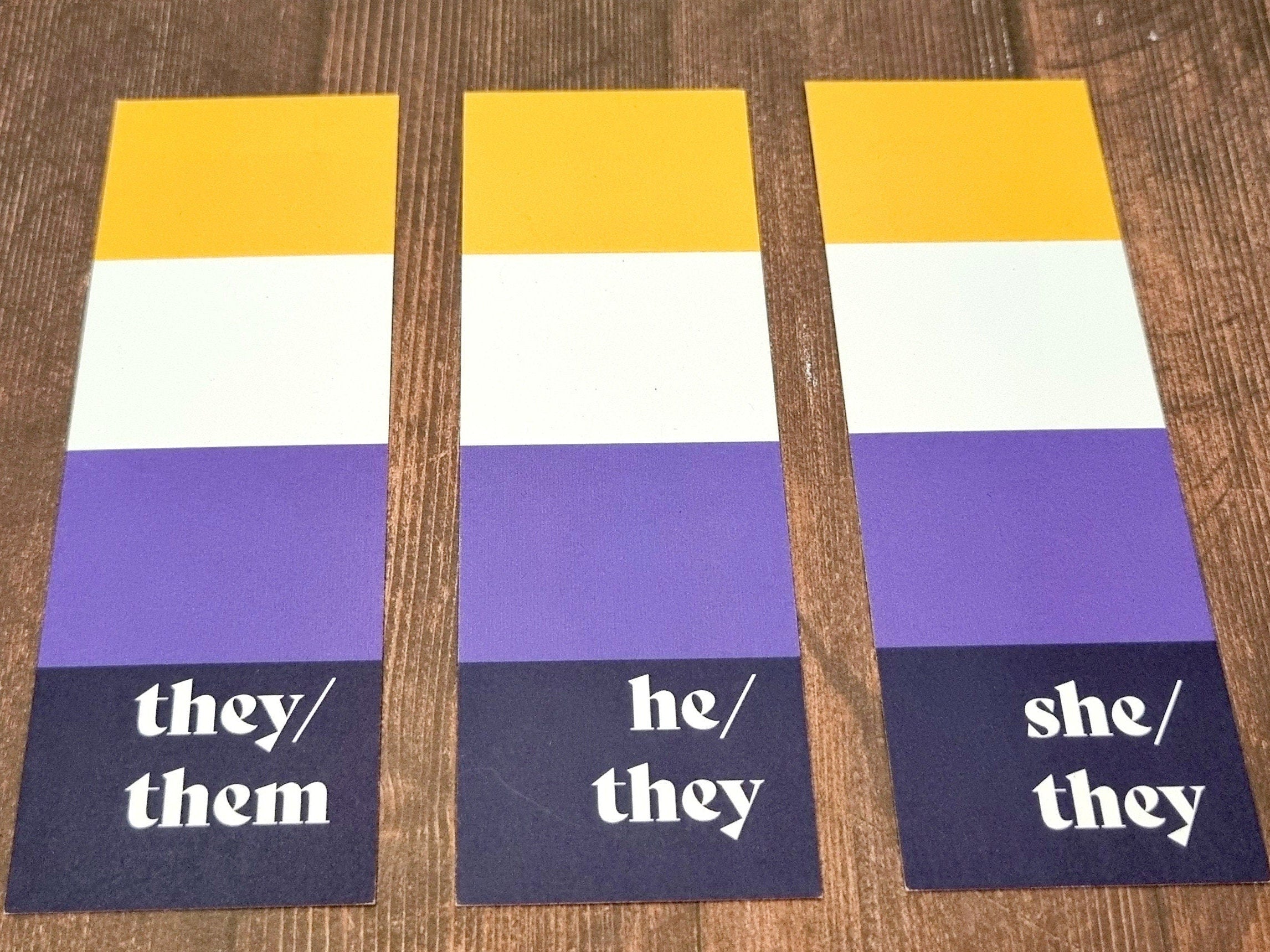 Nonbinary Pride bookmark - they/them, he/they, she/they