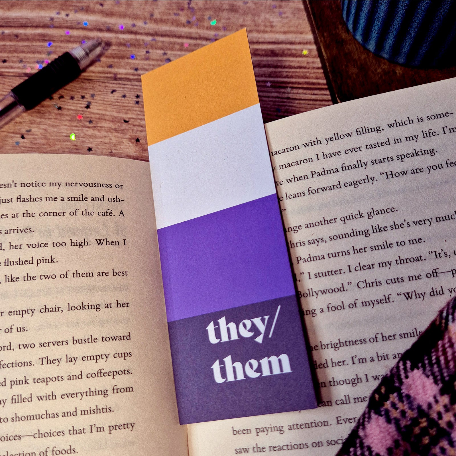 Nonbinary Pride bookmark - they/them, he/they, she/they