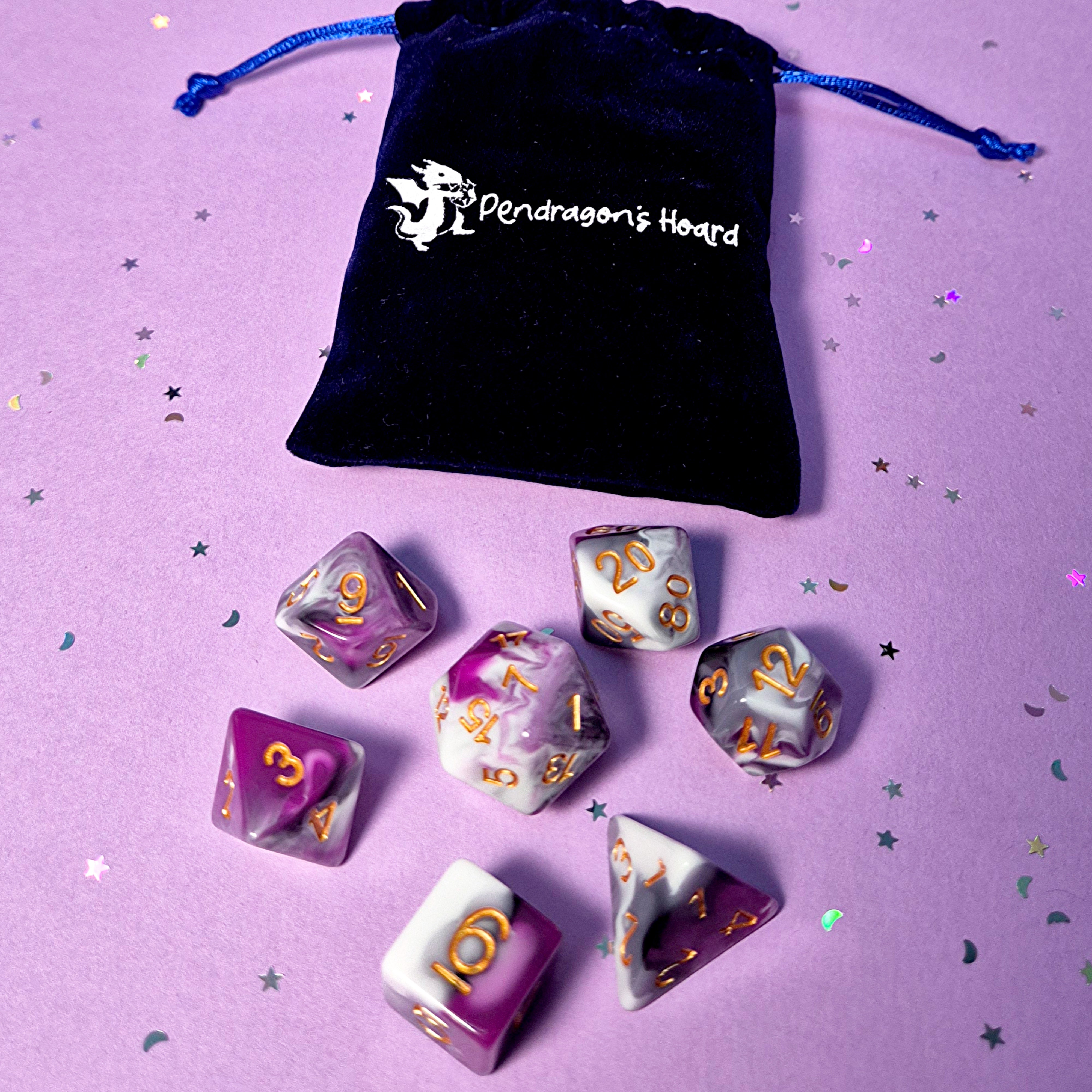 Set of asexual: purple,grey and white dice with a velvet blue drawstring bag. A great gift to play dungeon and dragons with or any other ttrpg.