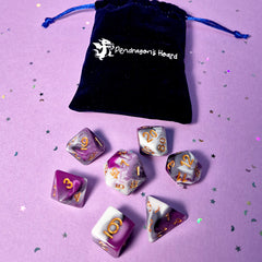 Set of asexual: purple,grey and white dice with a velvet blue drawstring bag. A great gift to play dungeon and dragons with or any other ttrpg.