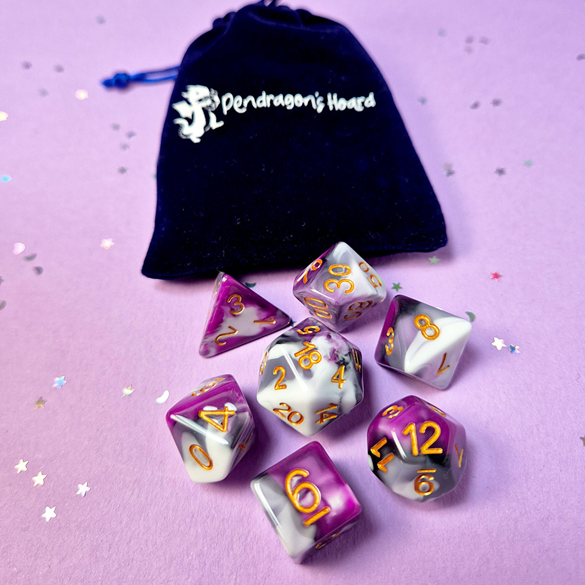 Set of asexual: purple,grey and white dice with a velvet blue drawstring bag. A great gift to play dungeon and dragons with or any other ttrpg.