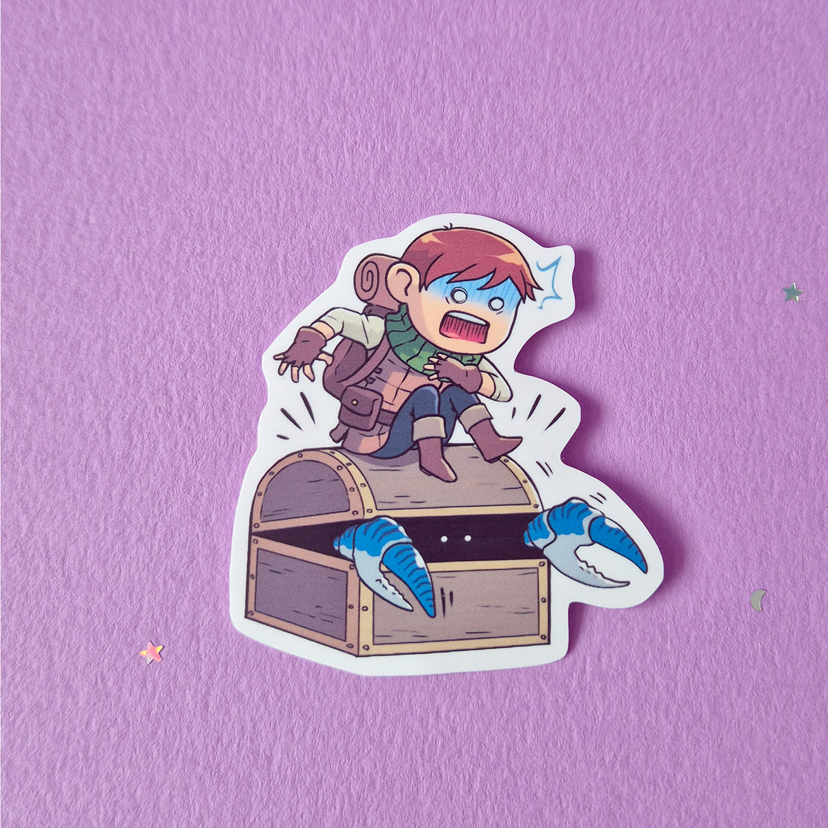 Chibi Chilchuk sat on a mimic panicking sticker. From the series of Delicious in Dungeon or Dungeon Meshi. 