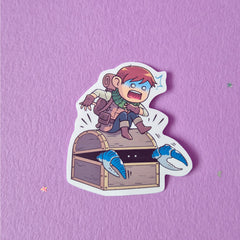Chibi Chilchuk sat on a mimic panicking sticker. From the series of Delicious in Dungeon or Dungeon Meshi. 