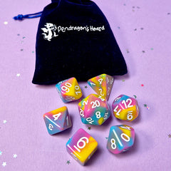 Set of pansexual: pink, yellow and blue dice with a velvet blue drawstring bag. A great gift to play dungeon and dragons with or any other ttrpg.