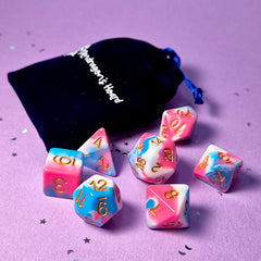 Set of transexual: pink, blue and white dice with a velvet blue drawstring bag. A great gift to play dungeon and dragons with or any other ttrpg.